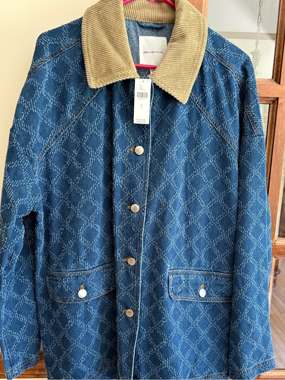 Avec Les Filles Anthropologie Diamond-Pattern Denim Barn Jacket size Large - Picture 2 of 8
